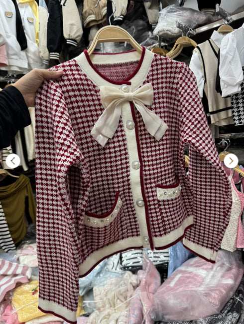 Winter Warm Checker Cardigan With Bow